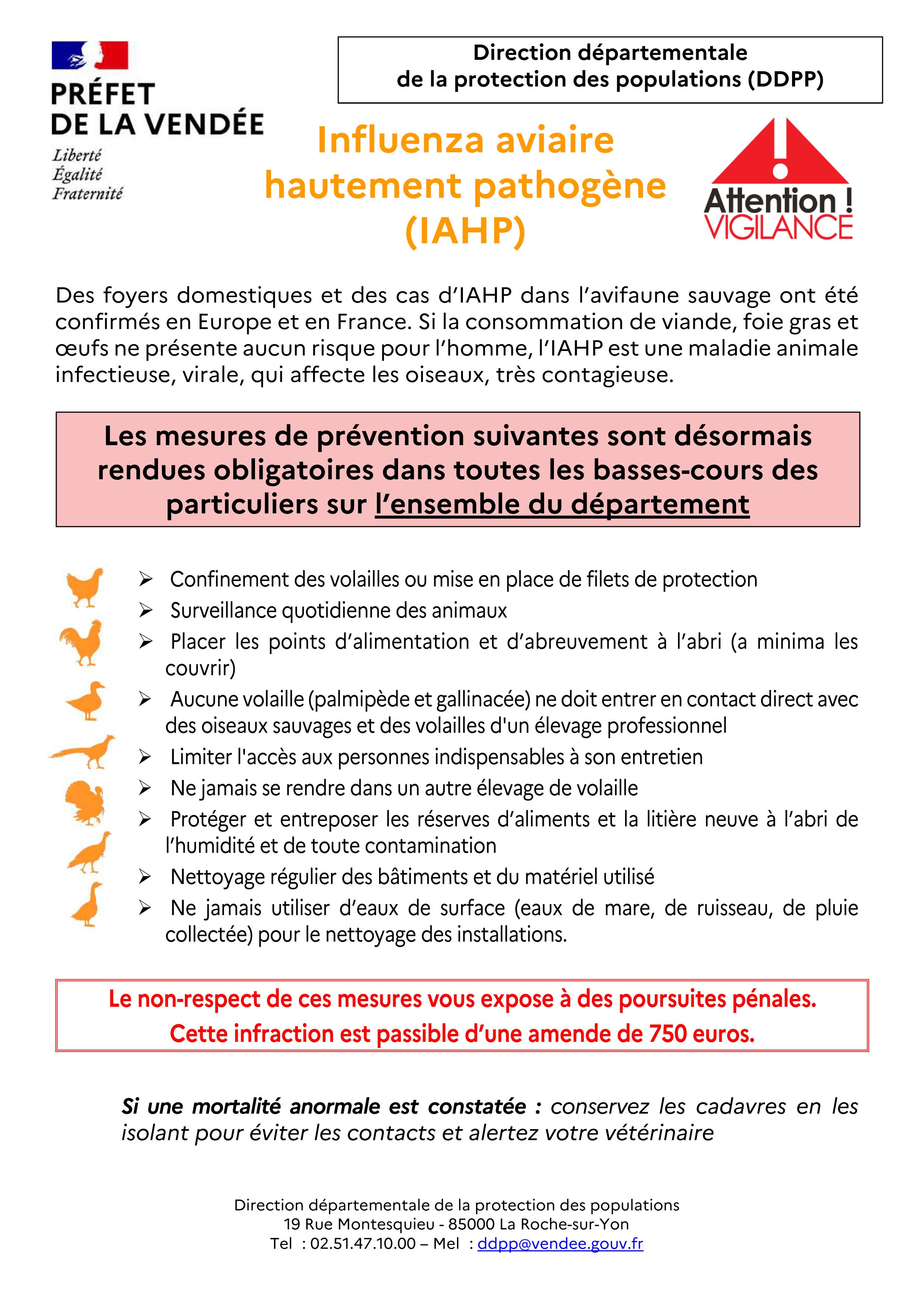 INFLUENZA AVIAIRE HAUTEMENT PATHOGÈNE (GRIPPE AVIAIRE) - ATTENTION VIGILANCE